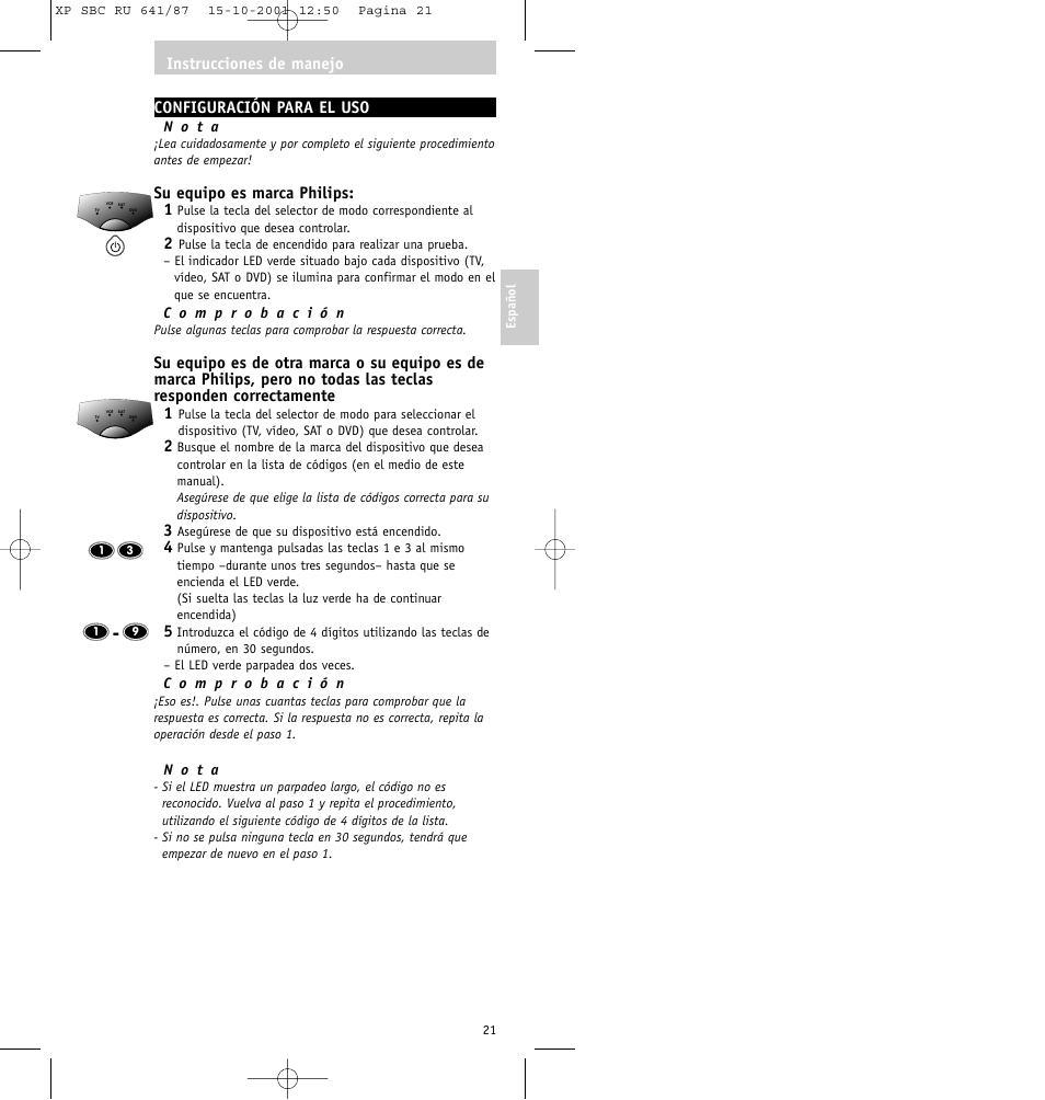 Configuración para el uso, Su equipo es marca philips: 1, Instrucciones de manejo | Philips RU641/87 User Manual | Page 21 / 80