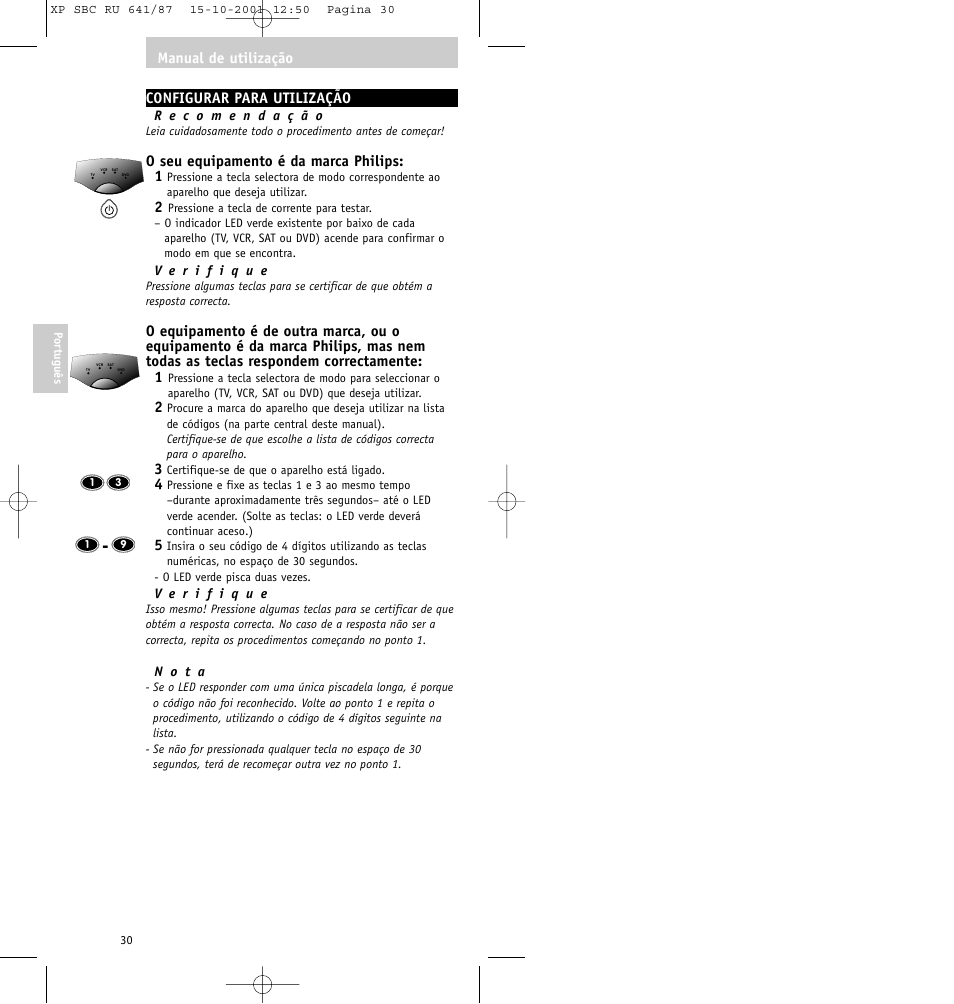 Configurar para utilização, O seu equipamento é da marca philips: 1, Manual de utilização | Philips RU641/87 User Manual | Page 30 / 80