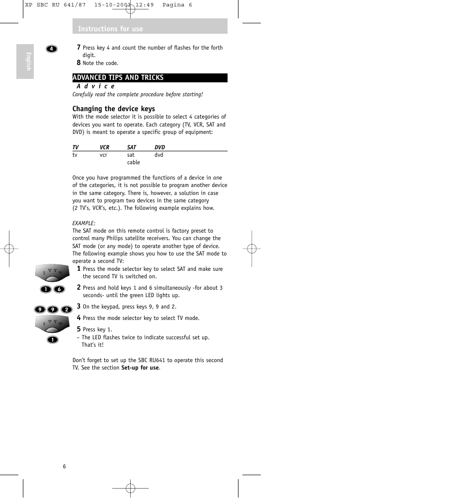 Advanced tips and tricks, Changing the device keys, Instructions for use | Philips RU641/87 User Manual | Page 6 / 80