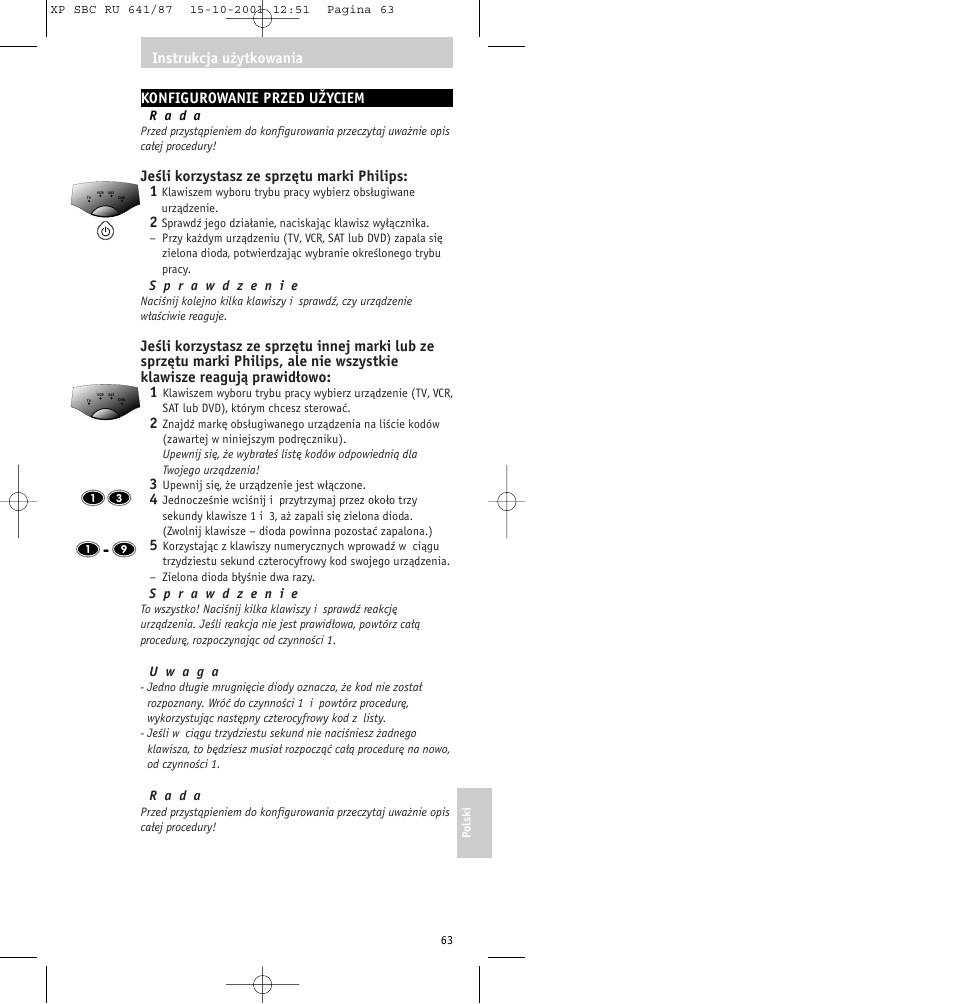 Konfigurowanie przed užyciem, Jeśli korzystasz ze sprzętu marki philips: 1, Instrukcja użytkowania | Philips RU641/87 User Manual | Page 63 / 80