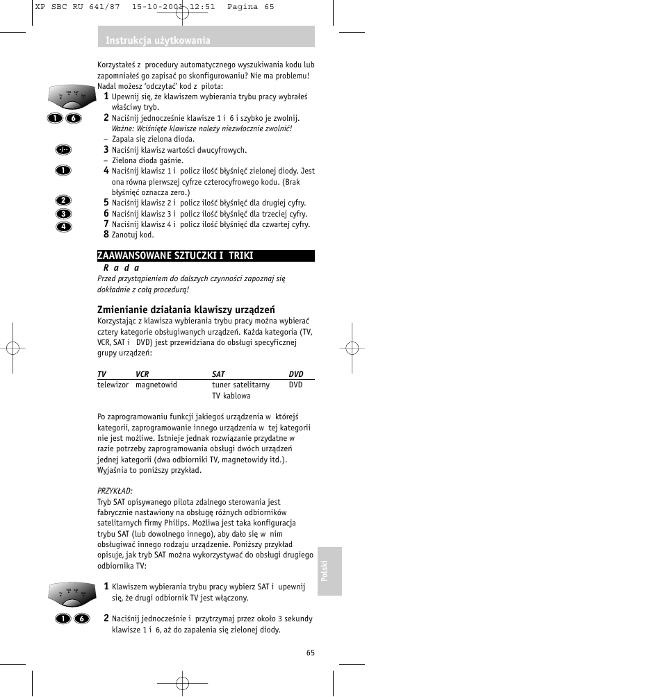 Zaawansowane sztuczki i triki, Zmienianie działania klawiszy urządzeń, Instrukcja użytkowania | Philips RU641/87 User Manual | Page 65 / 80