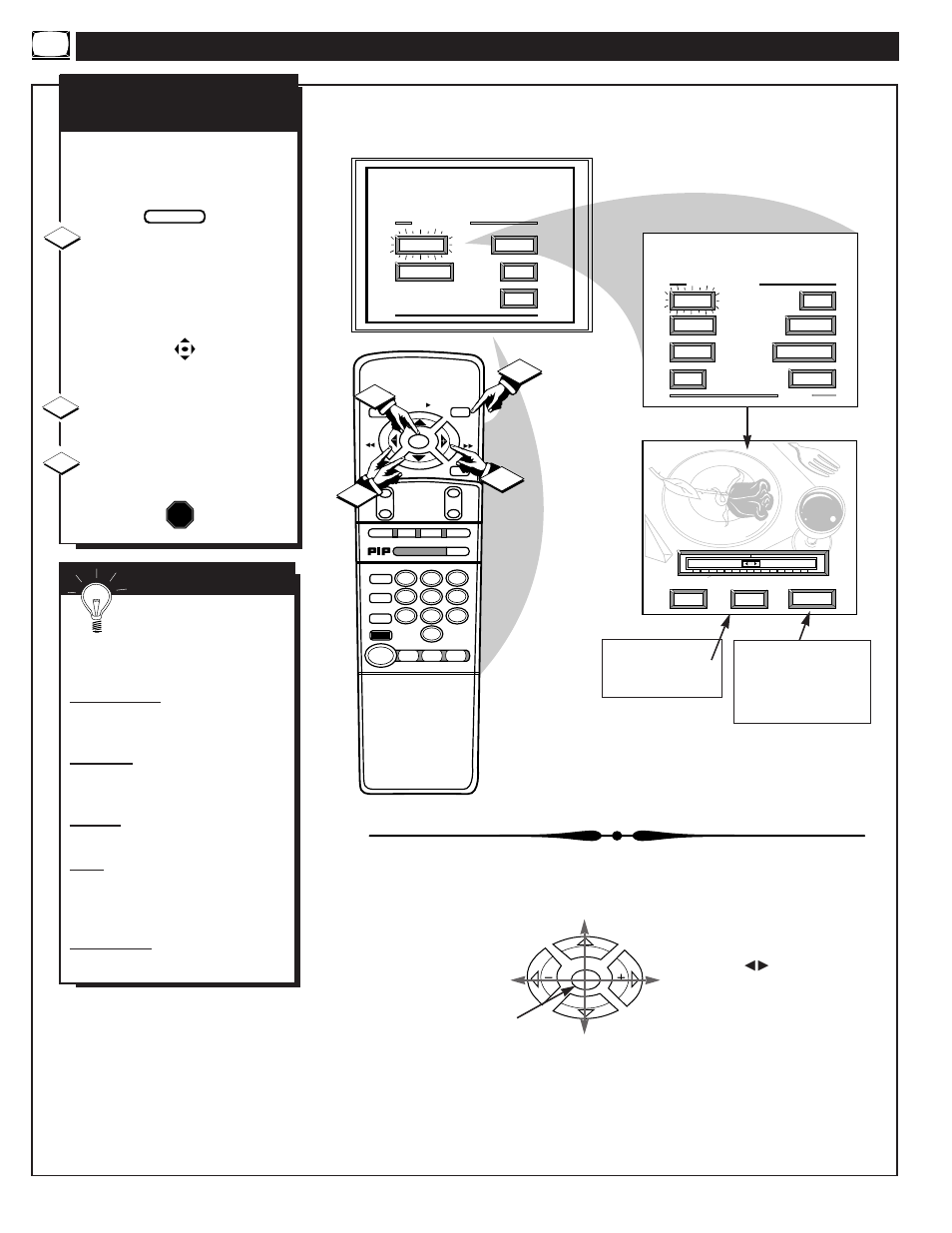 Icture, Ontrol, Djustments | 12 3 s, Color, brightness, sharpness, tint, picture stop | Philips 8P5431C User Manual | Page 6 / 50