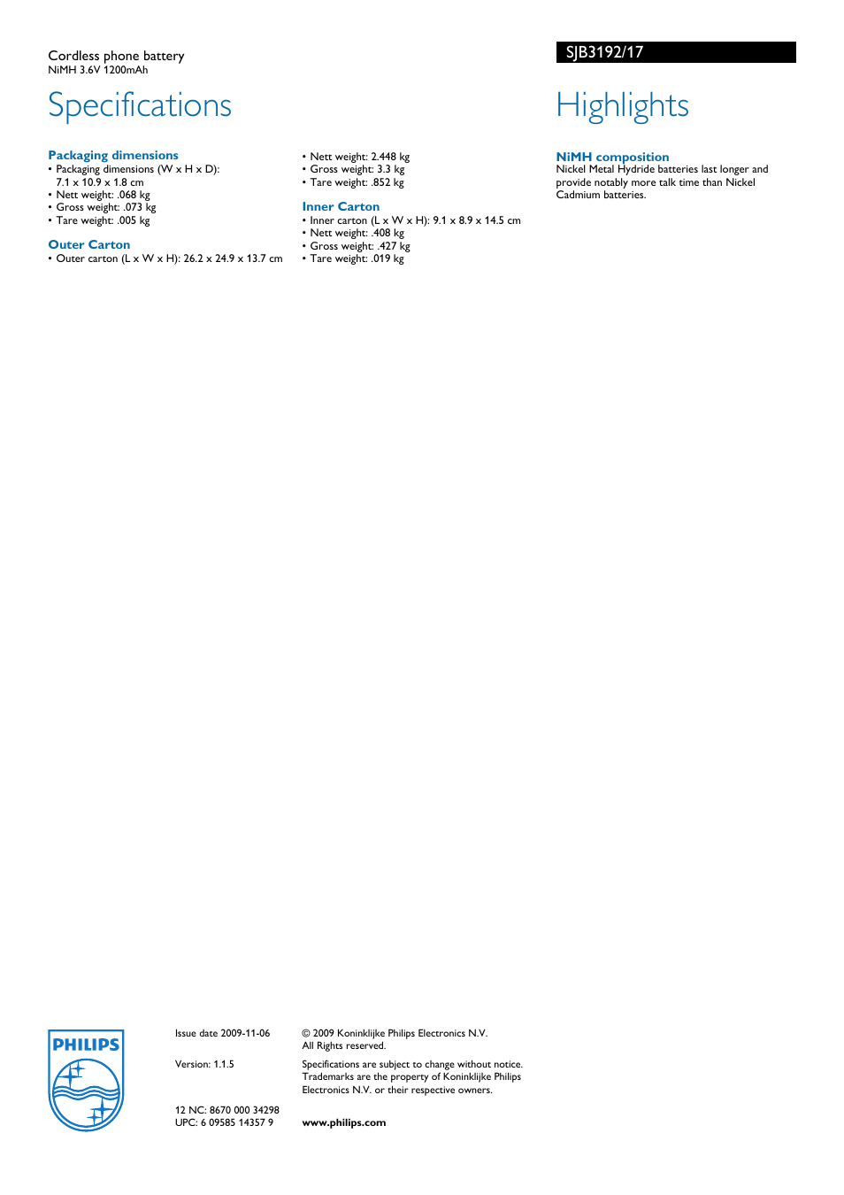 Specifications, Highlights | Philips SJB3192 User Manual | Page 2 / 2