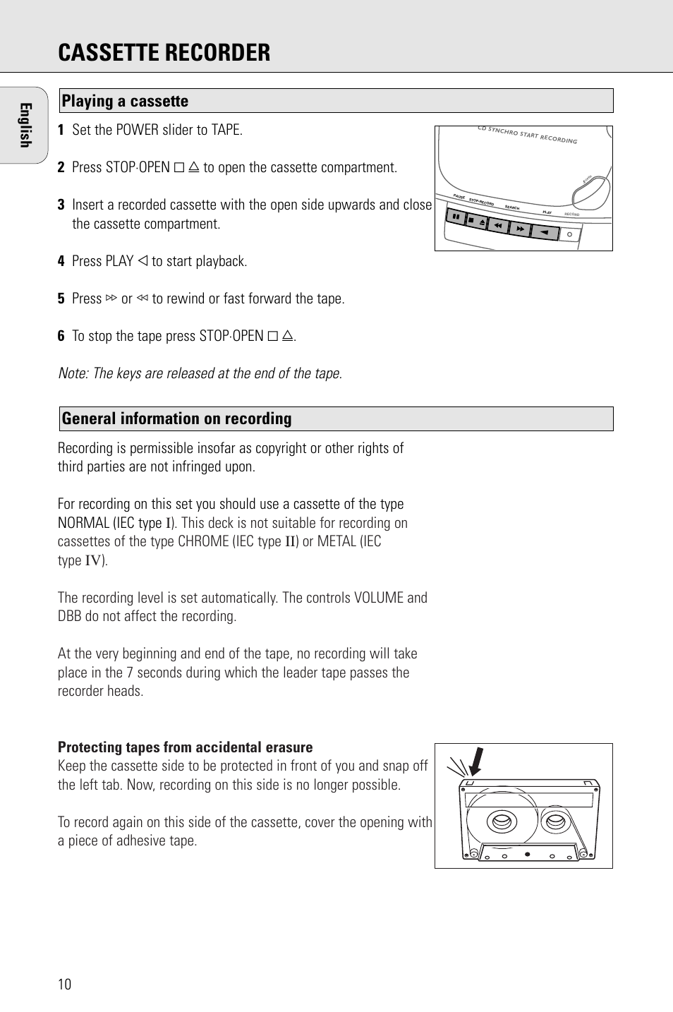 Cassette recorder, General information on recording, Playing a cassette | Philips AZ 1009 User Manual | Page 10 / 116