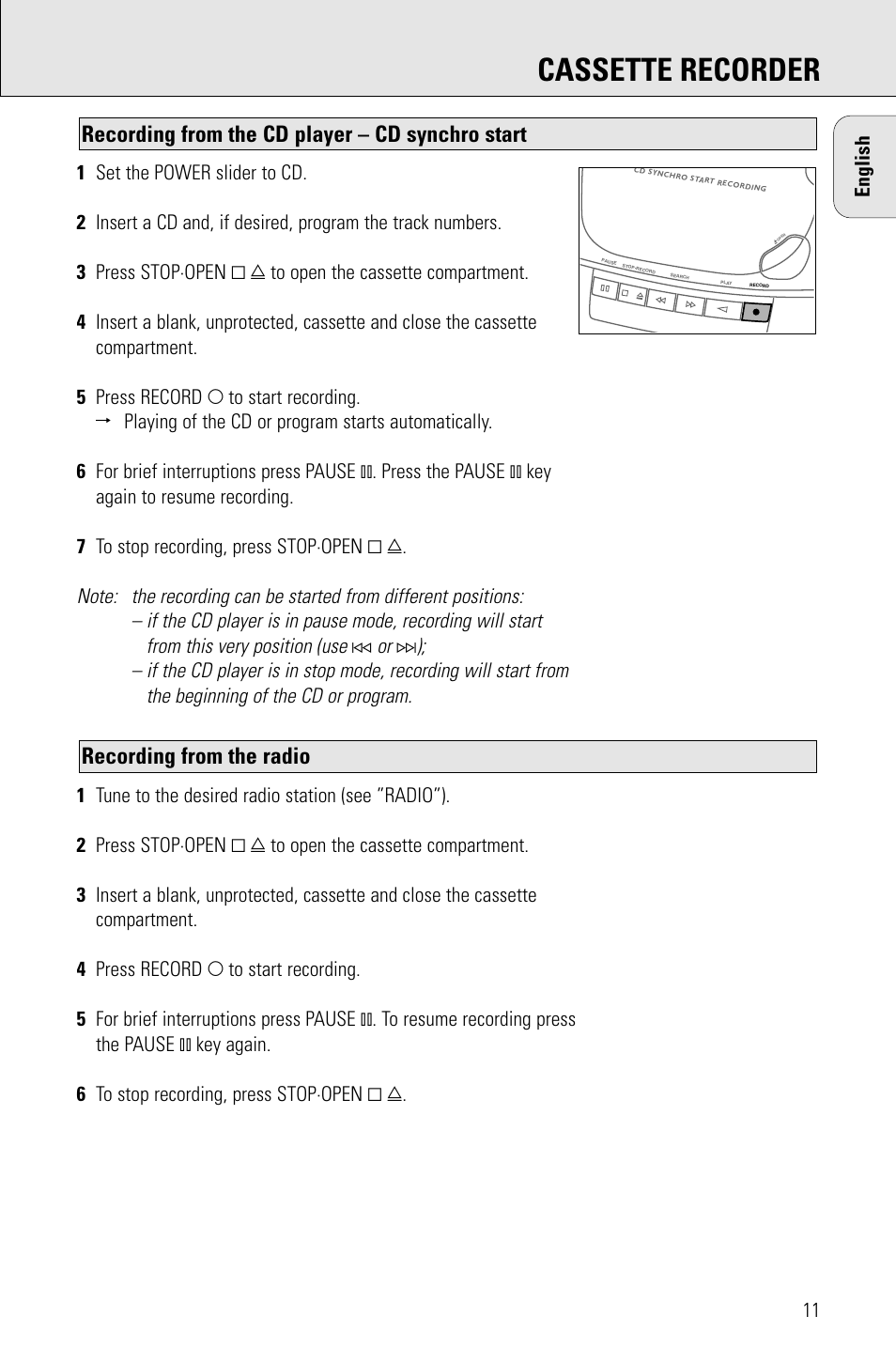 Cassette recorder, Recording from the radio, Recording from the cd player – cd synchro start | Philips AZ 1009 User Manual | Page 11 / 116