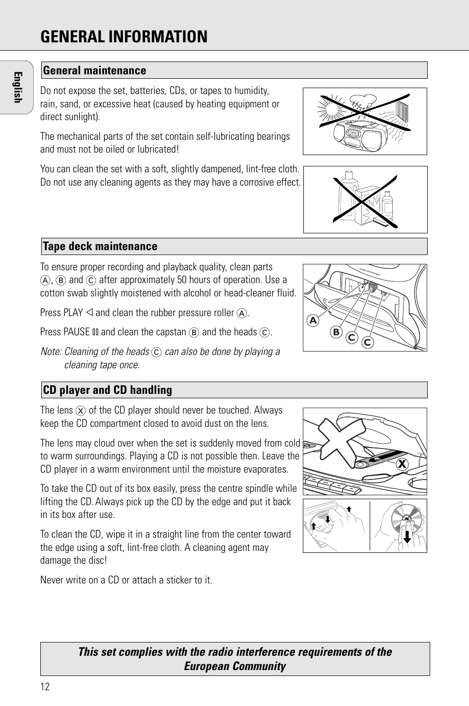 General information, Cd player and cd handling, Can also be done by playing a cleaning tape once | Philips AZ 1009 User Manual | Page 12 / 116