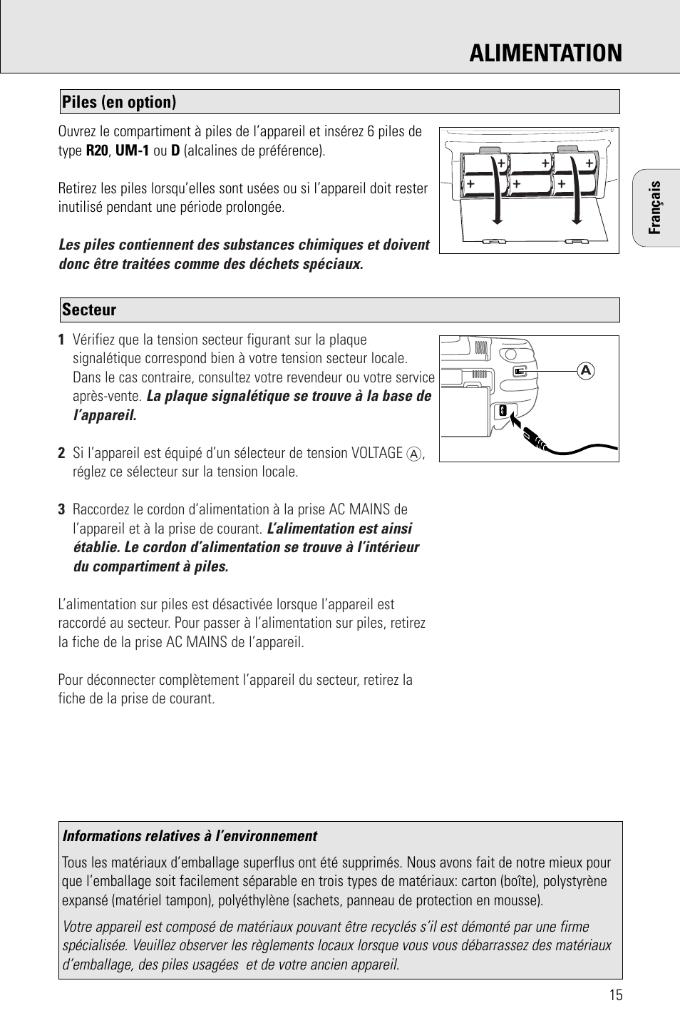 Alimentation | Philips AZ 1009 User Manual | Page 15 / 116