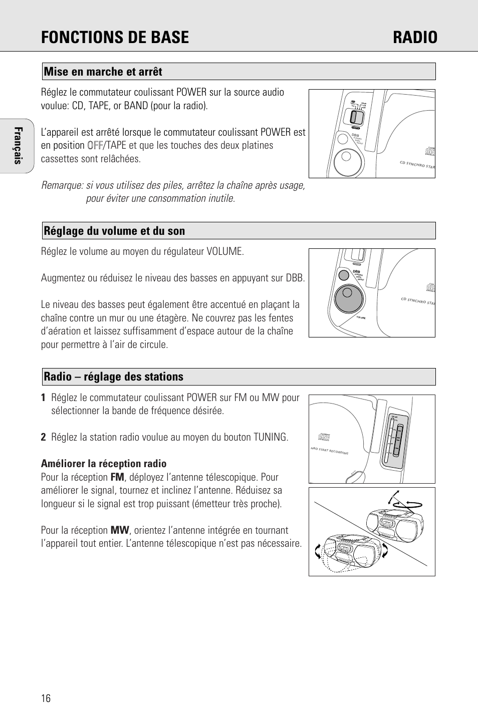 Fonctions de base radio, Radio – réglage des stations, Réglage du volume et du son | Mise en marche et arrêt | Philips AZ 1009 User Manual | Page 16 / 116