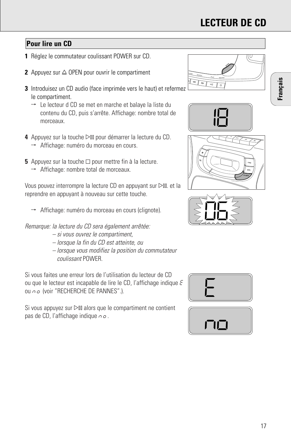 Lecteur de cd, Pour lire un cd | Philips AZ 1009 User Manual | Page 17 / 116