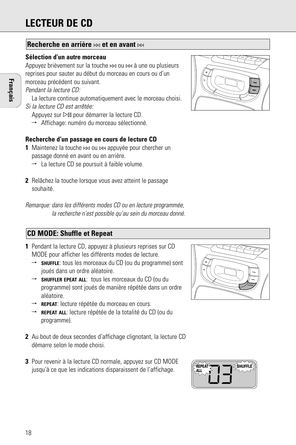 Lecteur de cd, Cd mode: shuffle et repeat, Recherche en arrière | Et en avant | Philips AZ 1009 User Manual | Page 18 / 116