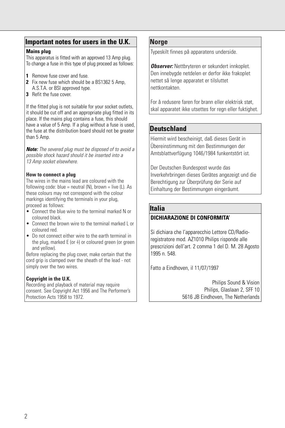 Norge, Deutschland, Italia | Philips AZ 1009 User Manual | Page 2 / 116