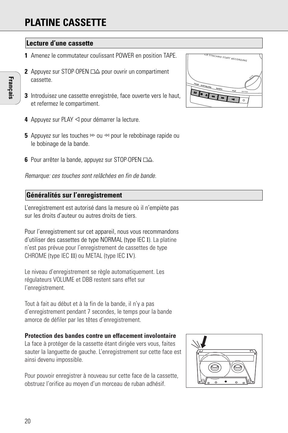 Platine cassette, Généralités sur l’enregistrement, Lecture d’une cassette | Français | Philips AZ 1009 User Manual | Page 20 / 116