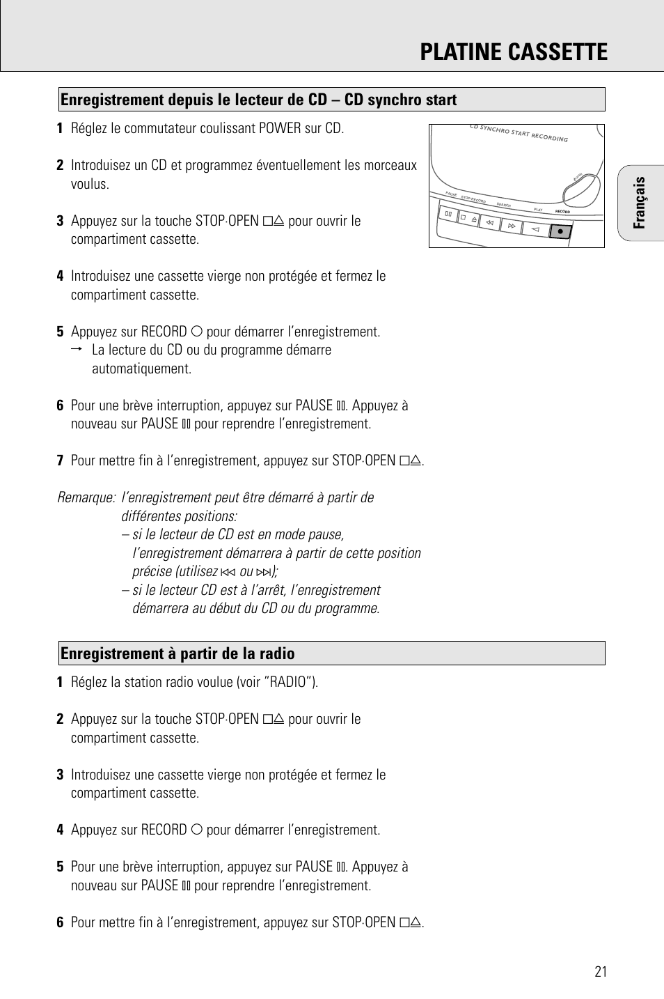 Platine cassette, Enregistrement à partir de la radio | Philips AZ 1009 User Manual | Page 21 / 116