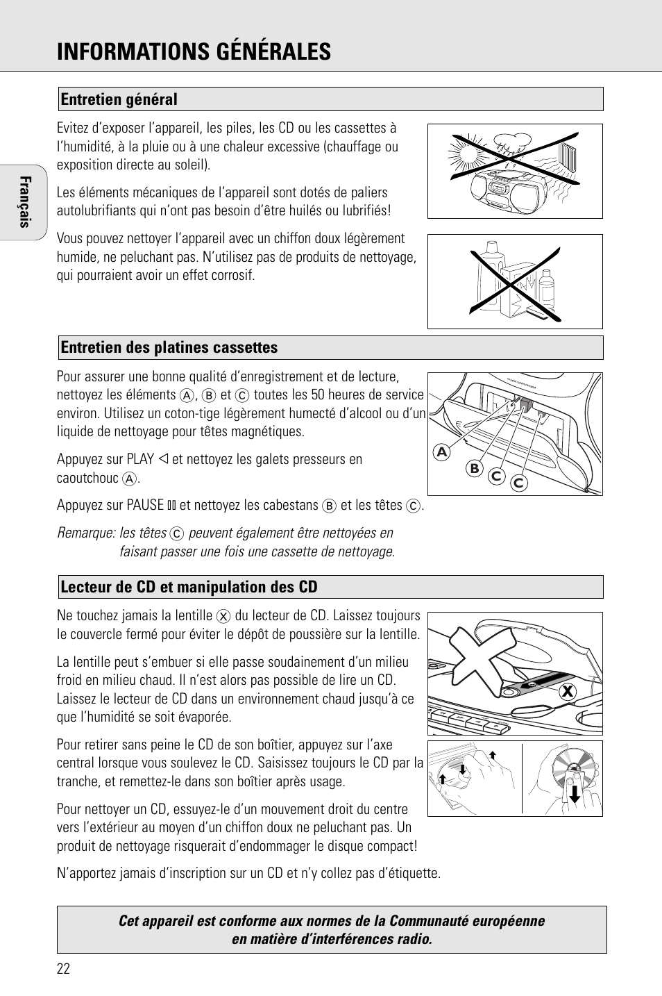 Informations générales, Lecteur de cd et manipulation des cd, Entretien des platines cassettes entretien général | Remarque: les têtes | Philips AZ 1009 User Manual | Page 22 / 116