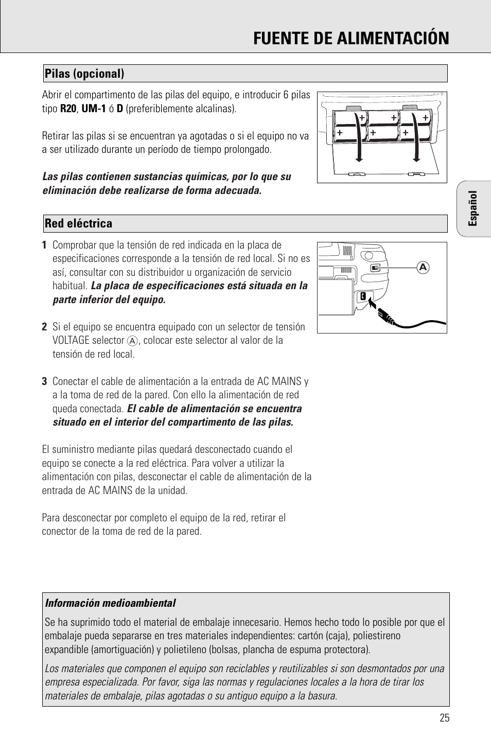 Fuente de alimentación | Philips AZ 1009 User Manual | Page 25 / 116