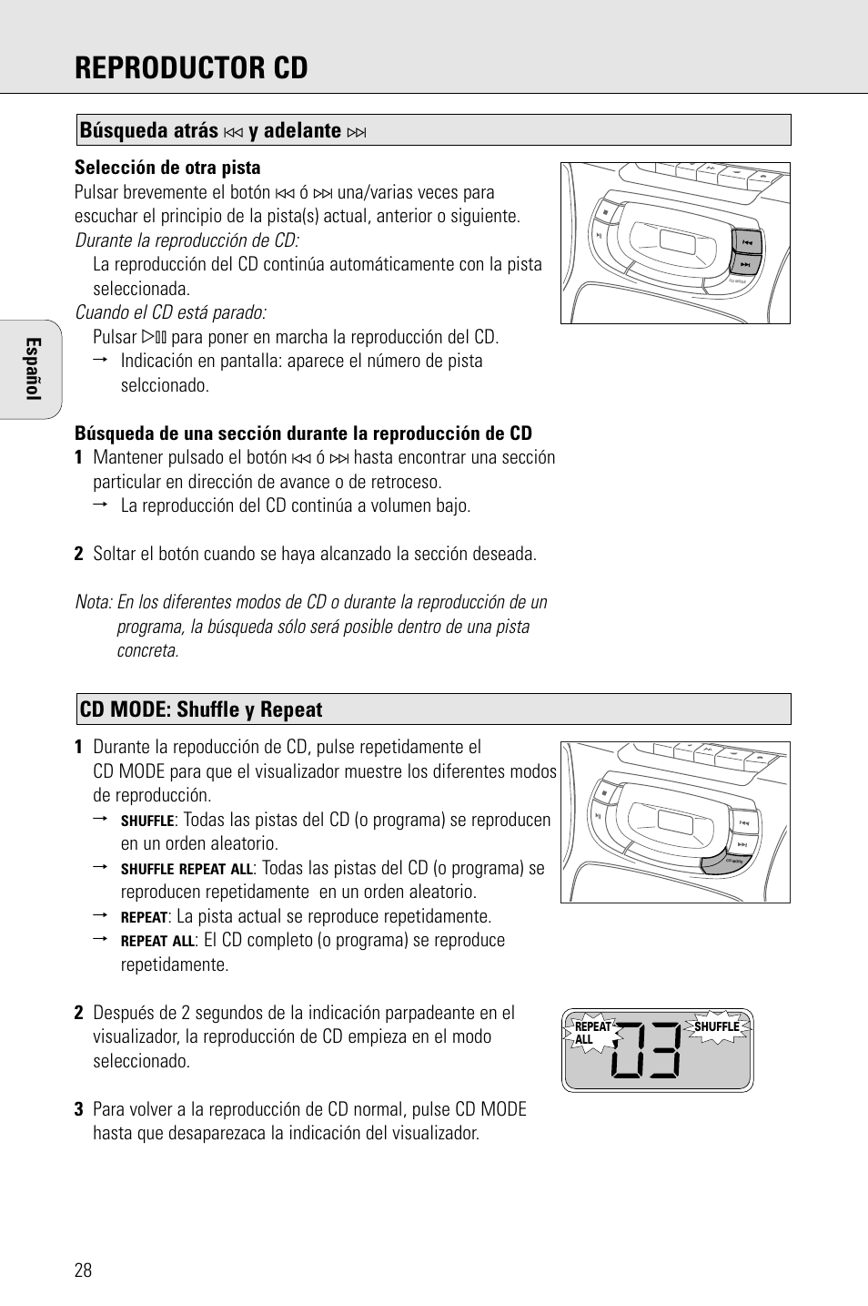 Reproductor cd, Cd mode: shuffle y repeat, Búsqueda atrás | Y adelante | Philips AZ 1009 User Manual | Page 28 / 116