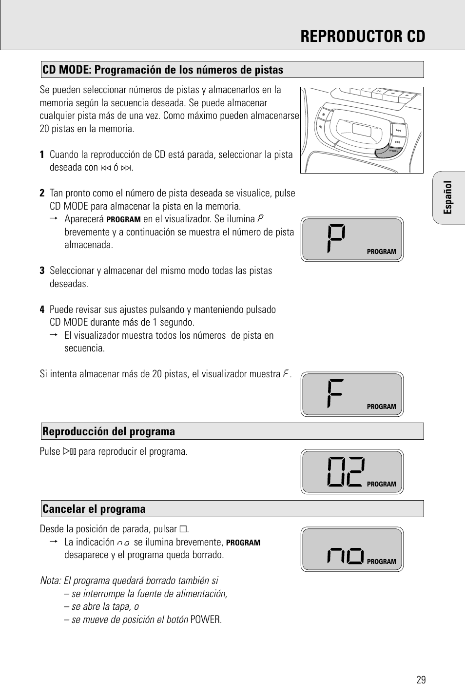 Reproductor cd, Cancelar el programa, Reproducción del programa | Cd mode: programación de los números de pistas | Philips AZ 1009 User Manual | Page 29 / 116