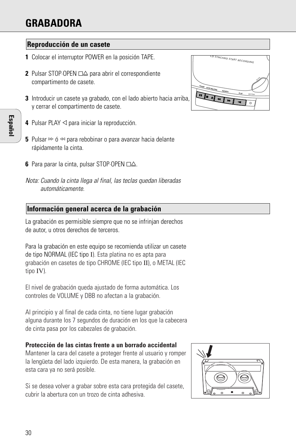 Grabadora, Información general acerca de la grabación, Reproducción de un casete | Español | Philips AZ 1009 User Manual | Page 30 / 116