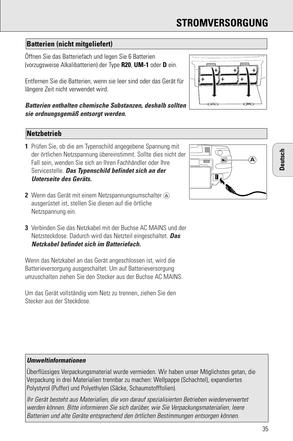 Stromversorgung | Philips AZ 1009 User Manual | Page 35 / 116