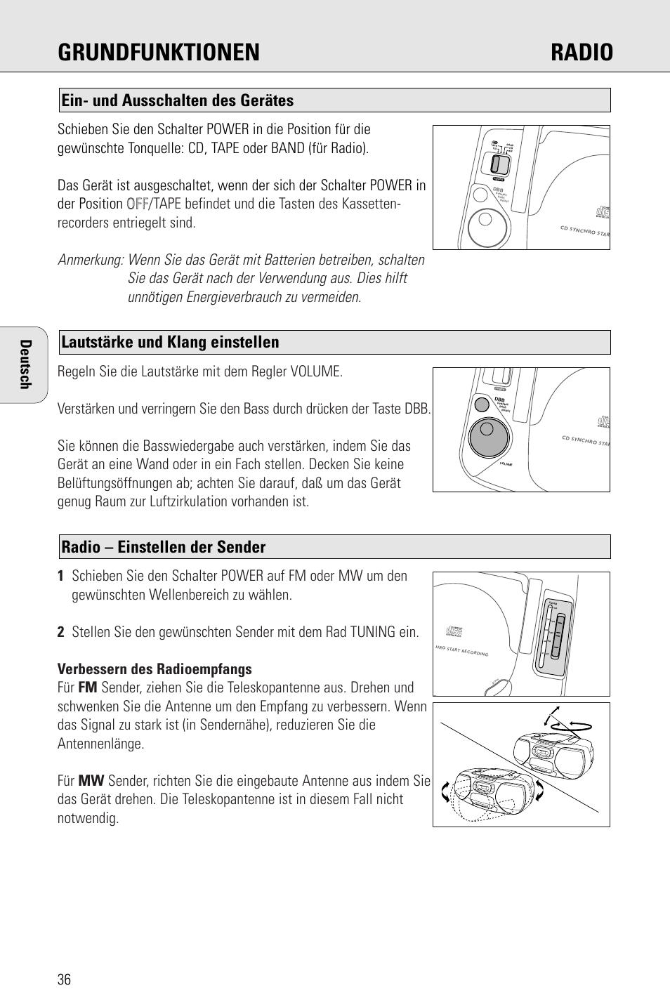 Grundfunktionen radio, Radio – einstellen der sender, Lautstärke und klang einstellen | Ein- und ausschalten des gerätes, Deutsch | Philips AZ 1009 User Manual | Page 36 / 116