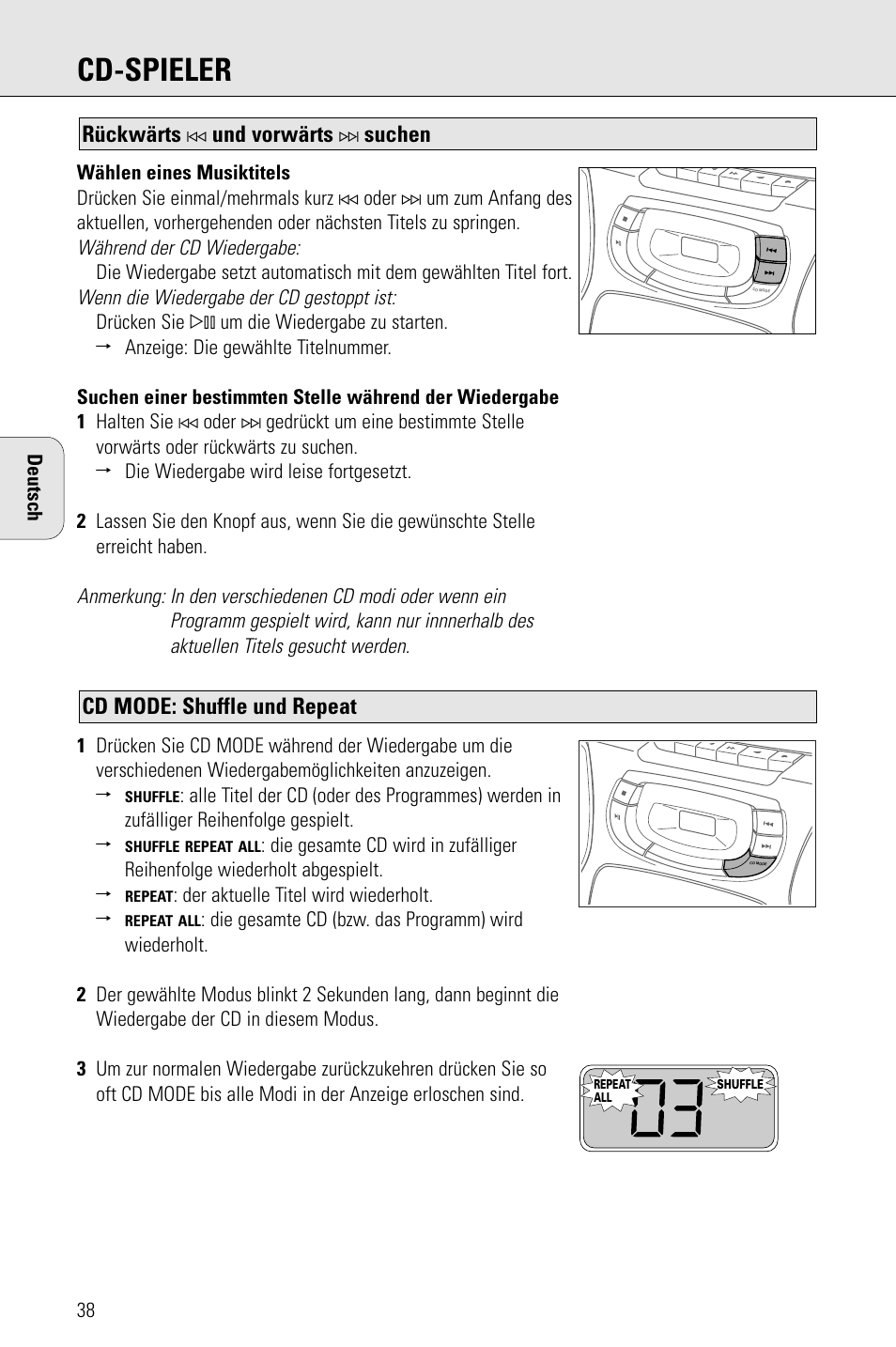 Cd-spieler, Cd mode: shuffle und repeat, Rückwärts | Und vorwärts, Suchen | Philips AZ 1009 User Manual | Page 38 / 116