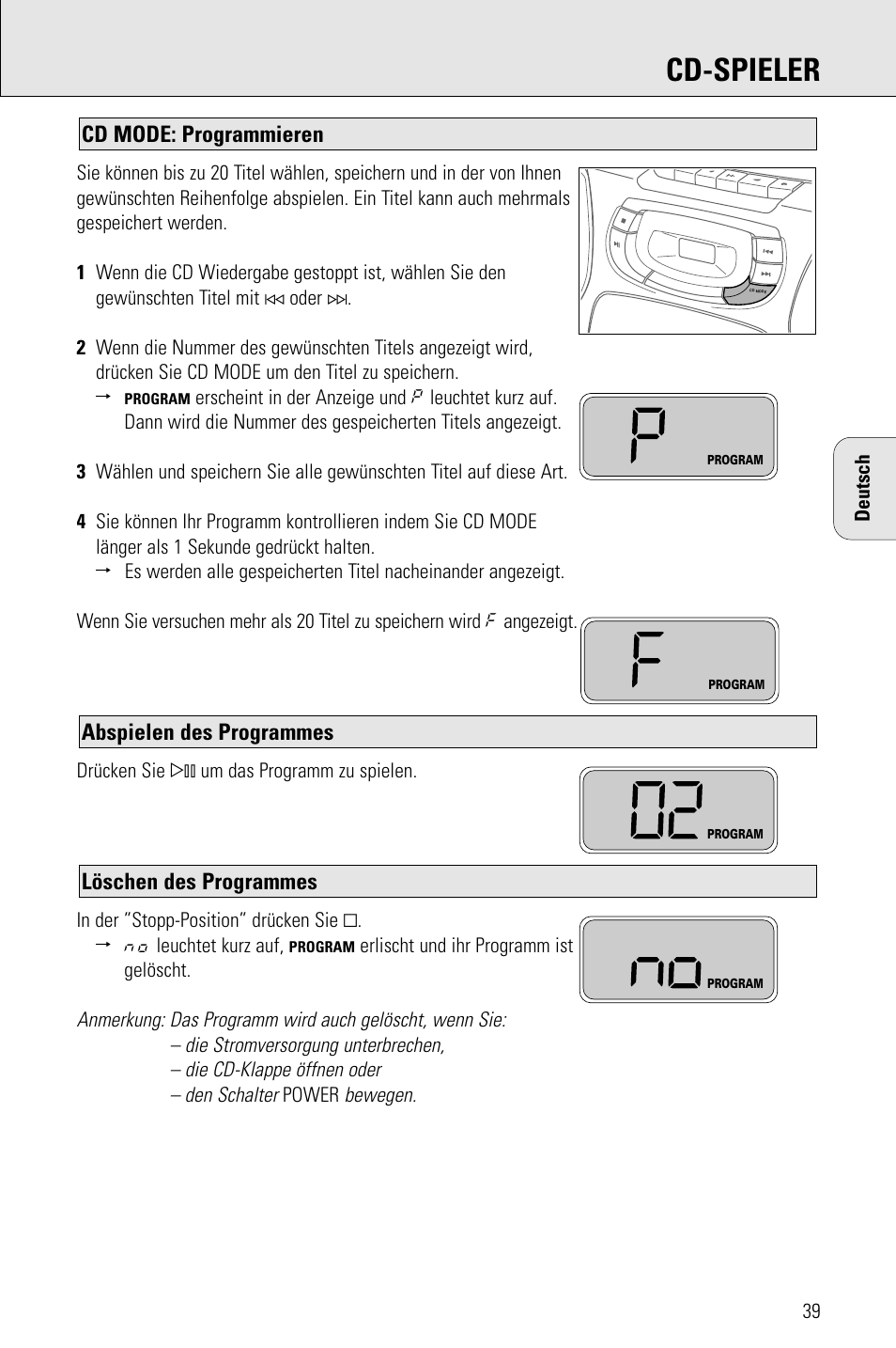 Cd-spieler, Löschen des programmes, Abspielen des programmes | Cd mode: programmieren | Philips AZ 1009 User Manual | Page 39 / 116