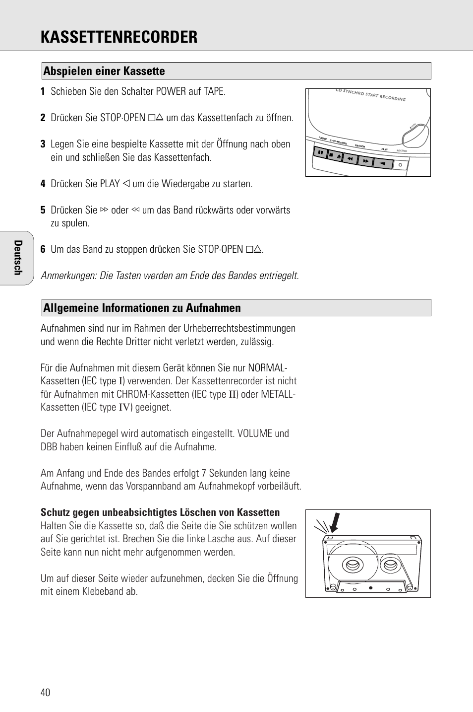 Kassettenrecorder, Allgemeine informationen zu aufnahmen, Abspielen einer kassette | Deutsch | Philips AZ 1009 User Manual | Page 40 / 116