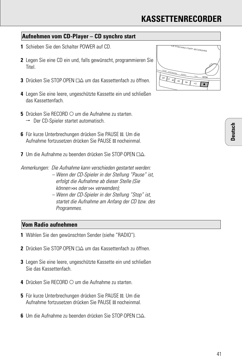 Kassettenrecorder, Vom radio aufnehmen, Aufnehmen vom cd-player – cd synchro start | Oder | Philips AZ 1009 User Manual | Page 41 / 116