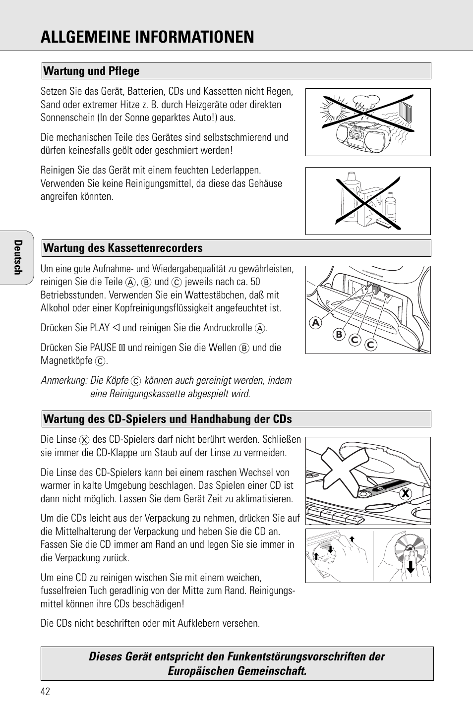 Allgemeine informationen, Wartung des cd-spielers und handhabung der cds, Wartung des kassettenrecorders wartung und pflege | Anmerkung: die köpfe | Philips AZ 1009 User Manual | Page 42 / 116