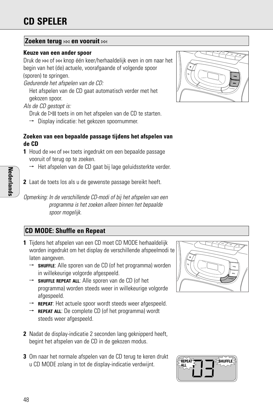 Cd speler, Cd mode: shuffle en repeat, Zoeken terug | En vooruit | Philips AZ 1009 User Manual | Page 48 / 116