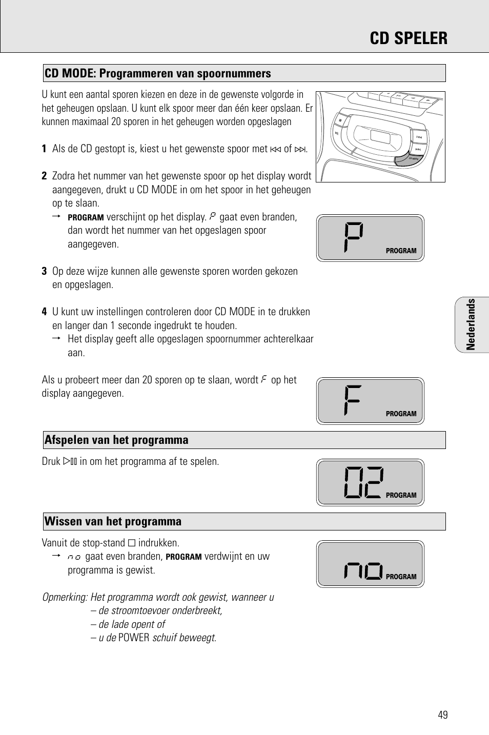 Cd speler, Wissen van het programma, Afspelen van het programma | Cd mode: programmeren van spoornummers | Philips AZ 1009 User Manual | Page 49 / 116