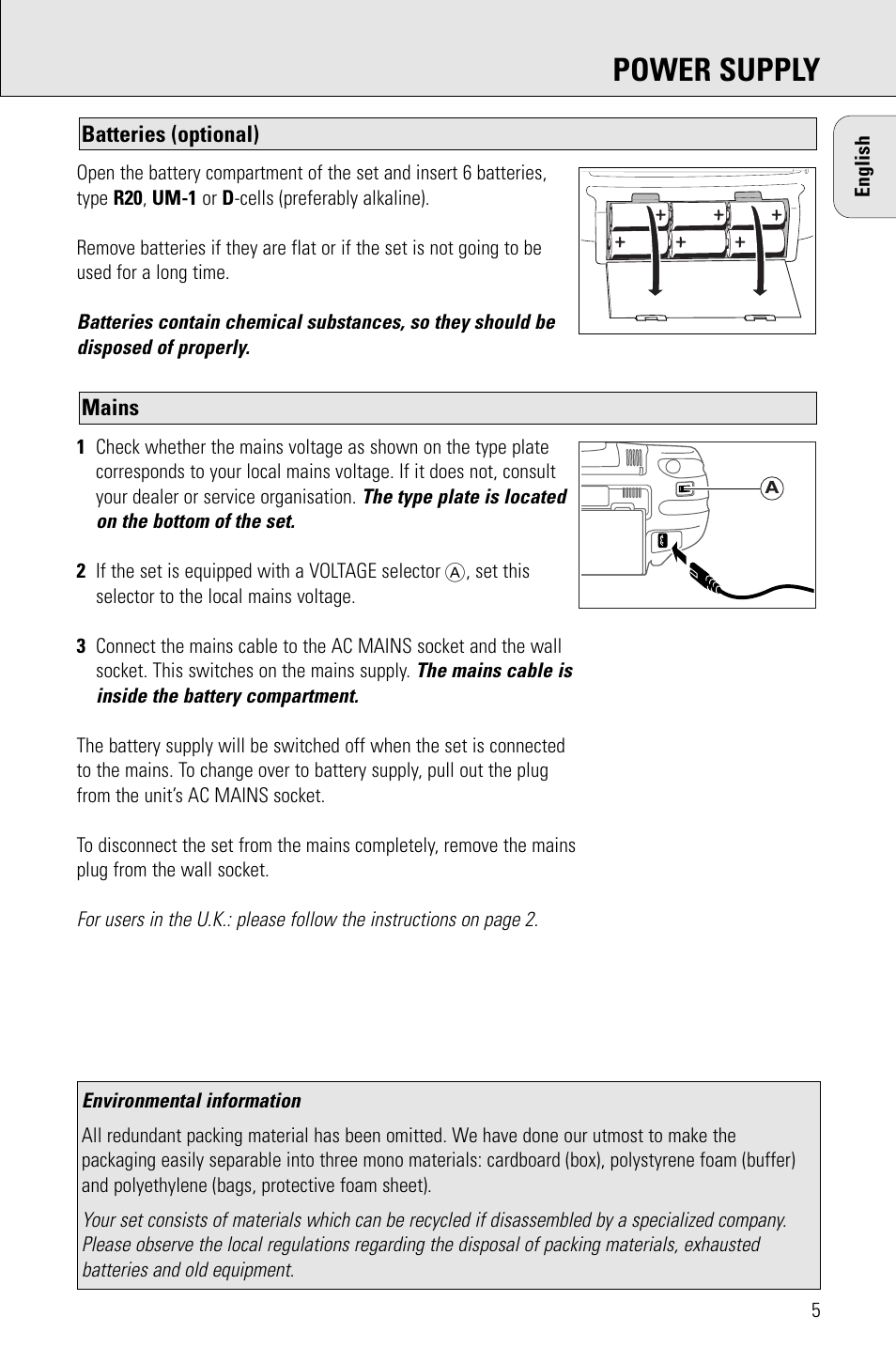 Power supply | Philips AZ 1009 User Manual | Page 5 / 116