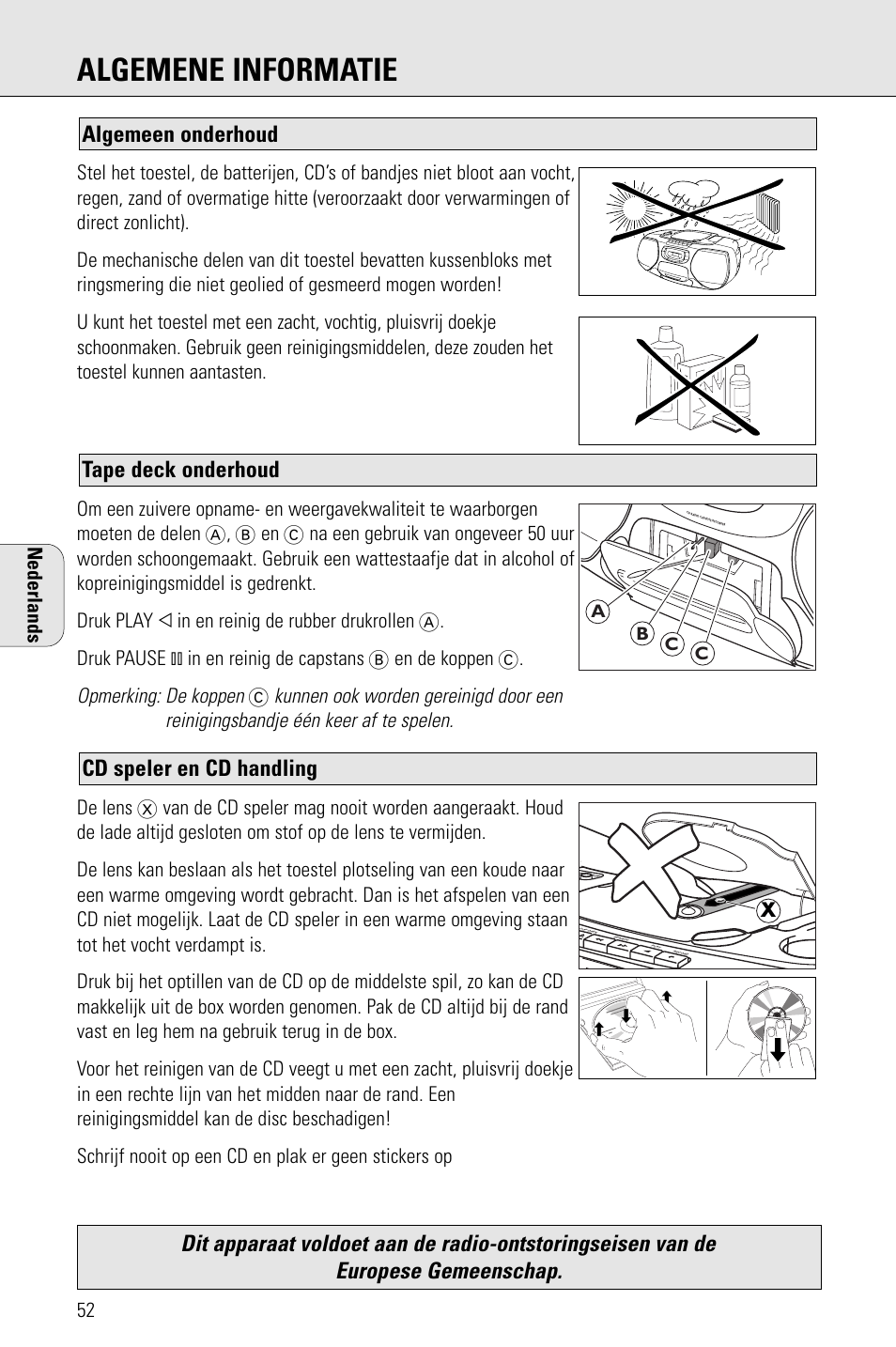 Algemene informatie, Cd speler en cd handling, Tape deck onderhoud algemeen onderhoud | Opmerking: de koppen | Philips AZ 1009 User Manual | Page 52 / 116