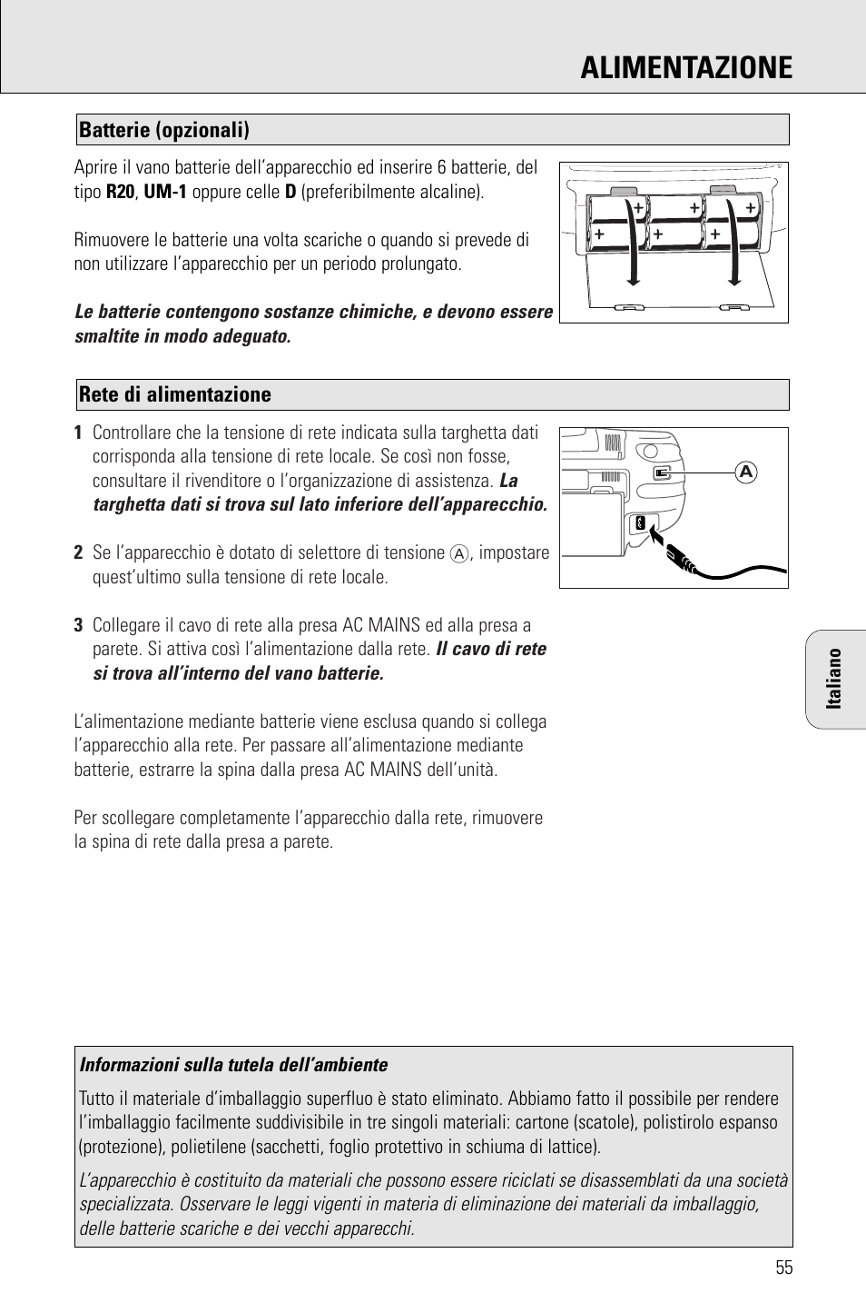 Alimentazione | Philips AZ 1009 User Manual | Page 55 / 116