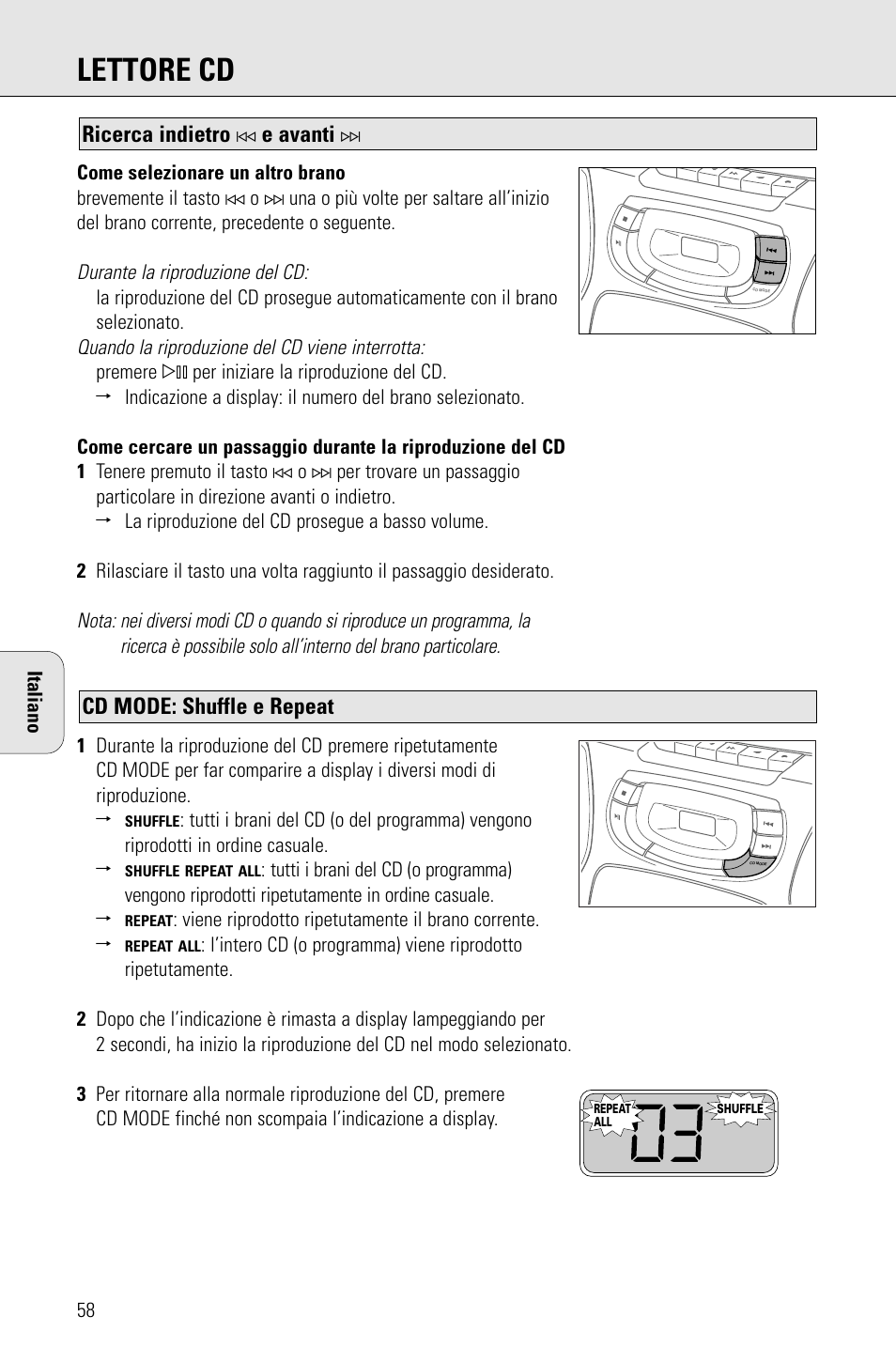 Lettore cd, Cd mode: shuffle e repeat, Ricerca indietro | E avanti | Philips AZ 1009 User Manual | Page 58 / 116