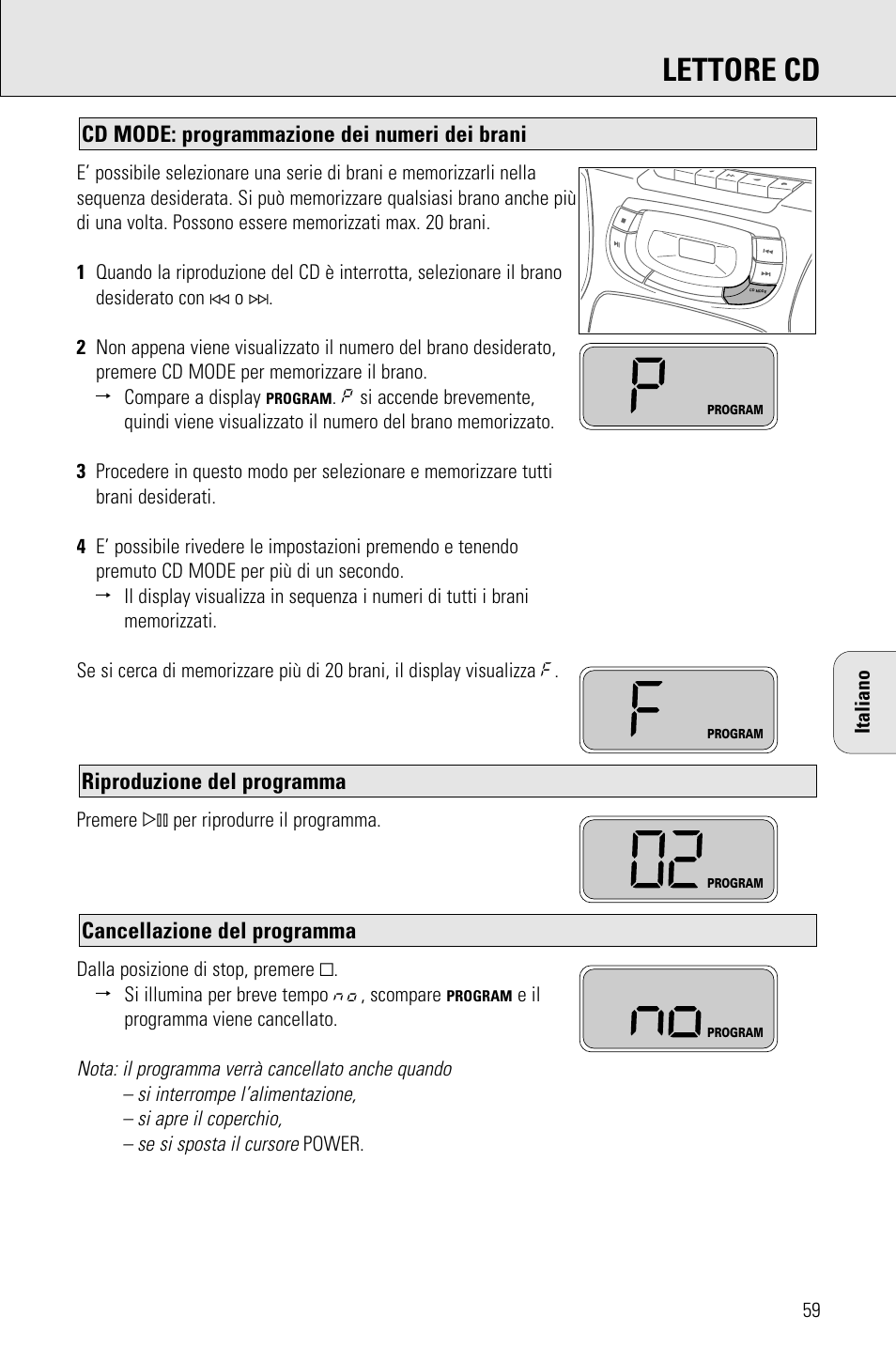 Lettore cd, Cancellazione del programma, Riproduzione del programma | Cd mode: programmazione dei numeri dei brani | Philips AZ 1009 User Manual | Page 59 / 116