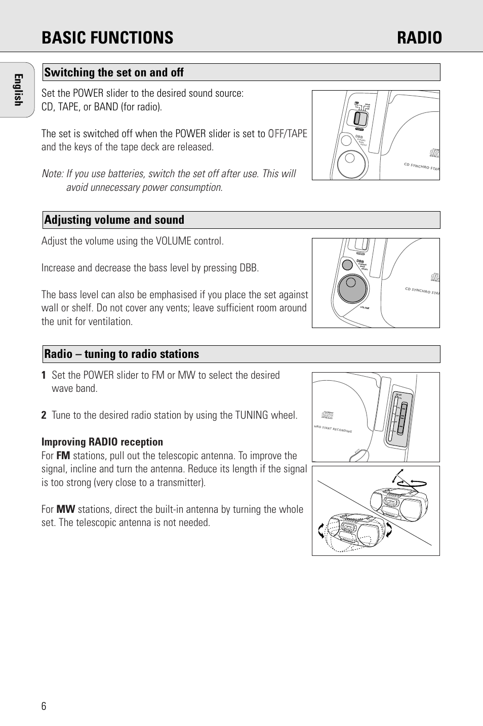 Basic functions radio, Radio – tuning to radio stations, Adjusting volume and sound | Switching the set on and off | Philips AZ 1009 User Manual | Page 6 / 116