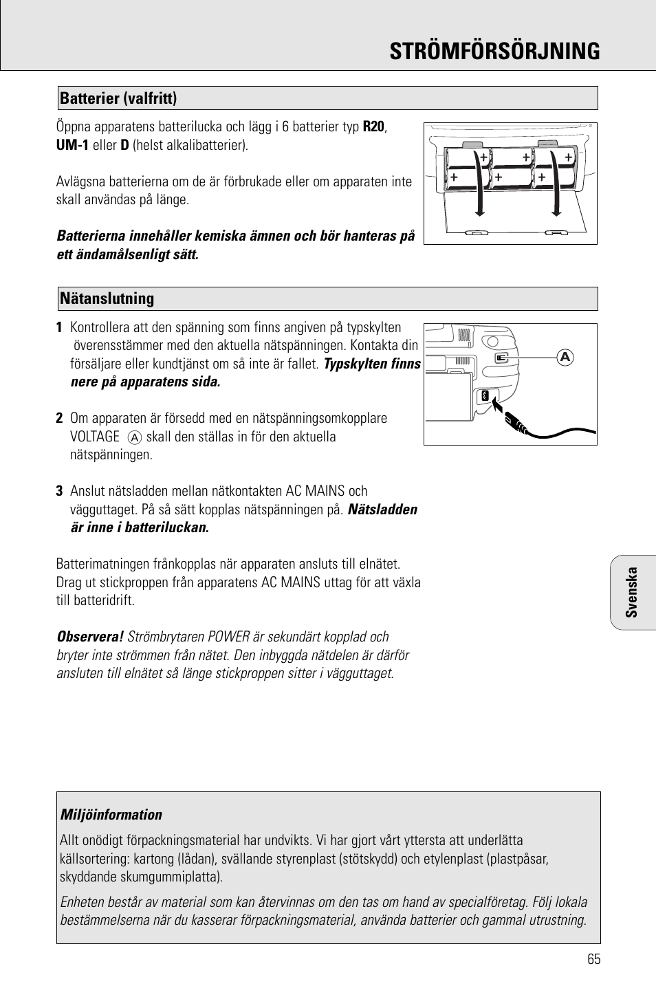 Strömförsörjning | Philips AZ 1009 User Manual | Page 65 / 116