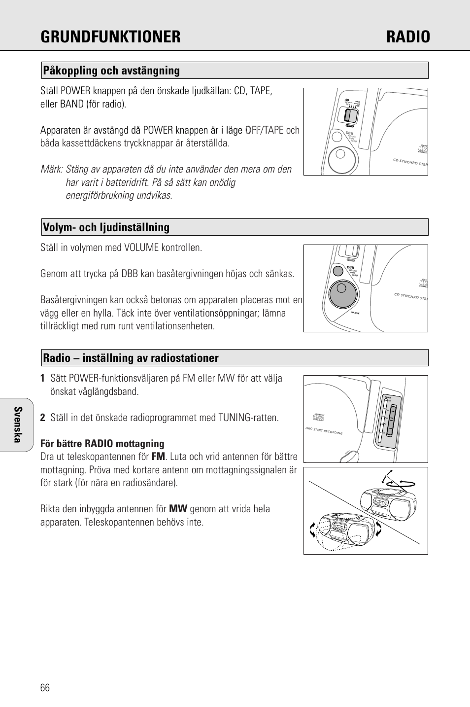 Grundfunktioner radio, Radio – inställning av radiostationer, Volym- och ljudinställning | Påkoppling och avstängning | Philips AZ 1009 User Manual | Page 66 / 116