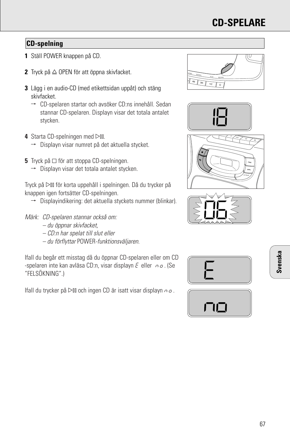 Cd-spelare, Cd-spelning, Funktionsväljaren | Philips AZ 1009 User Manual | Page 67 / 116