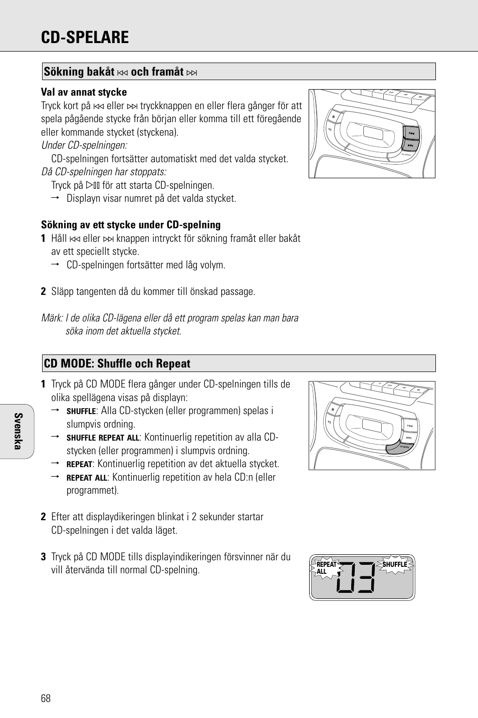 Cd-spelare, Cd mode: shuffle och repeat, Sökning bakåt | Och framåt | Philips AZ 1009 User Manual | Page 68 / 116