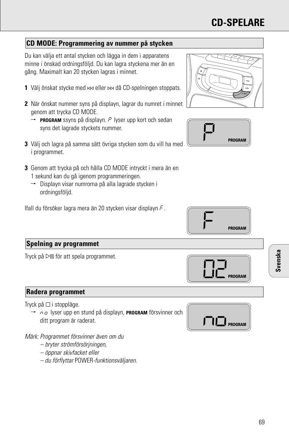 Cd-spelare, Radera programmet, Spelning av programmet | Cd mode: programmering av nummer på stycken | Philips AZ 1009 User Manual | Page 69 / 116