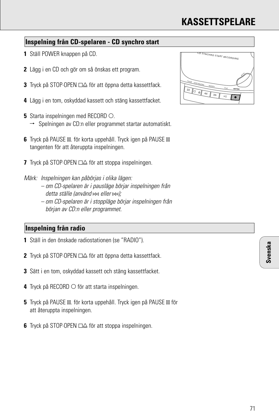 Kassettspelare, Inspelning från radio, Inspelning från cd-spelaren - cd synchro start | Eller | Philips AZ 1009 User Manual | Page 71 / 116