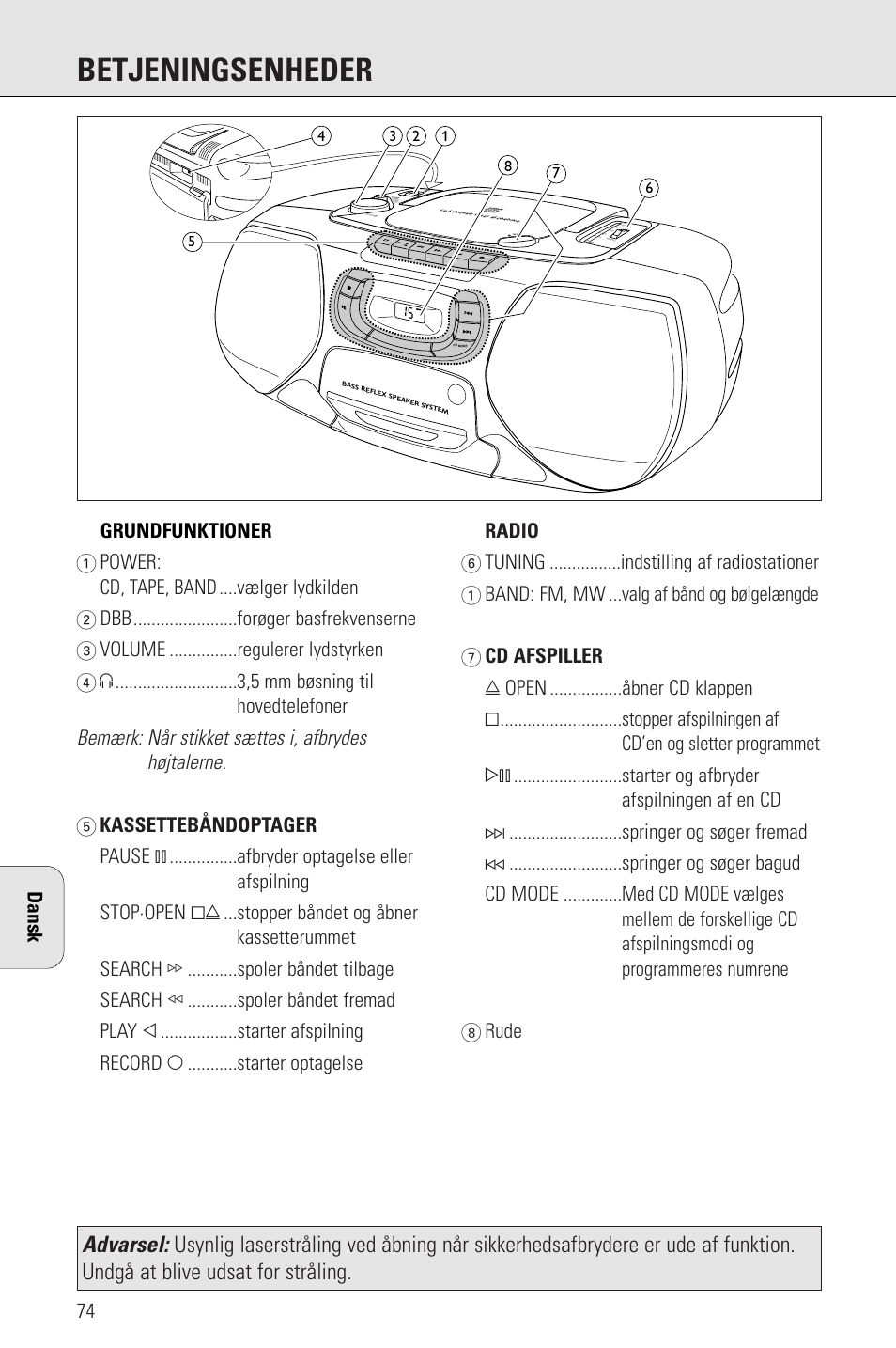 Betjeningsenheder, Bemærk: når stikket sættes i, afbrydes højtalerne | Philips AZ 1009 User Manual | Page 74 / 116