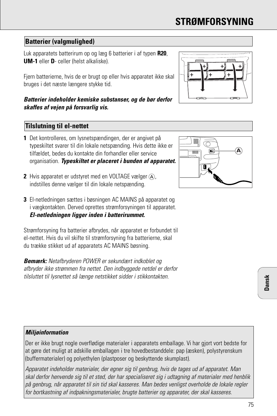 Strømforsyning | Philips AZ 1009 User Manual | Page 75 / 116