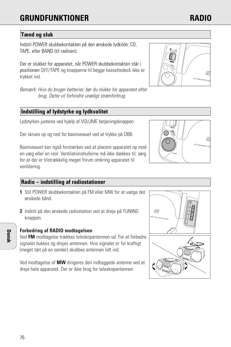 Grundfunktioner radio, Radio – indstilling af radiostationer, Indstilling af lydstyrke og lydkvalitet | Tænd og sluk | Philips AZ 1009 User Manual | Page 76 / 116