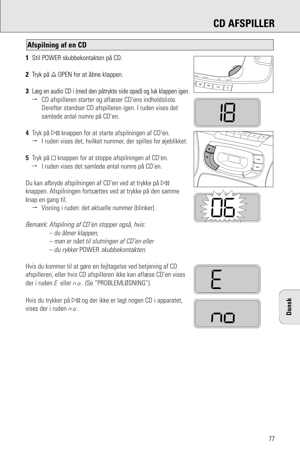 Cd afspiller, Afspilning af en cd, Skubbekontakten | Philips AZ 1009 User Manual | Page 77 / 116