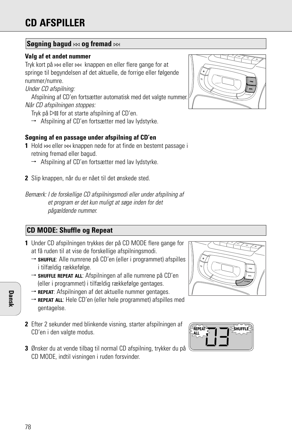 Cd afspiller, Cd mode: shuffle og repeat, Søgning bagud | Og fremad | Philips AZ 1009 User Manual | Page 78 / 116