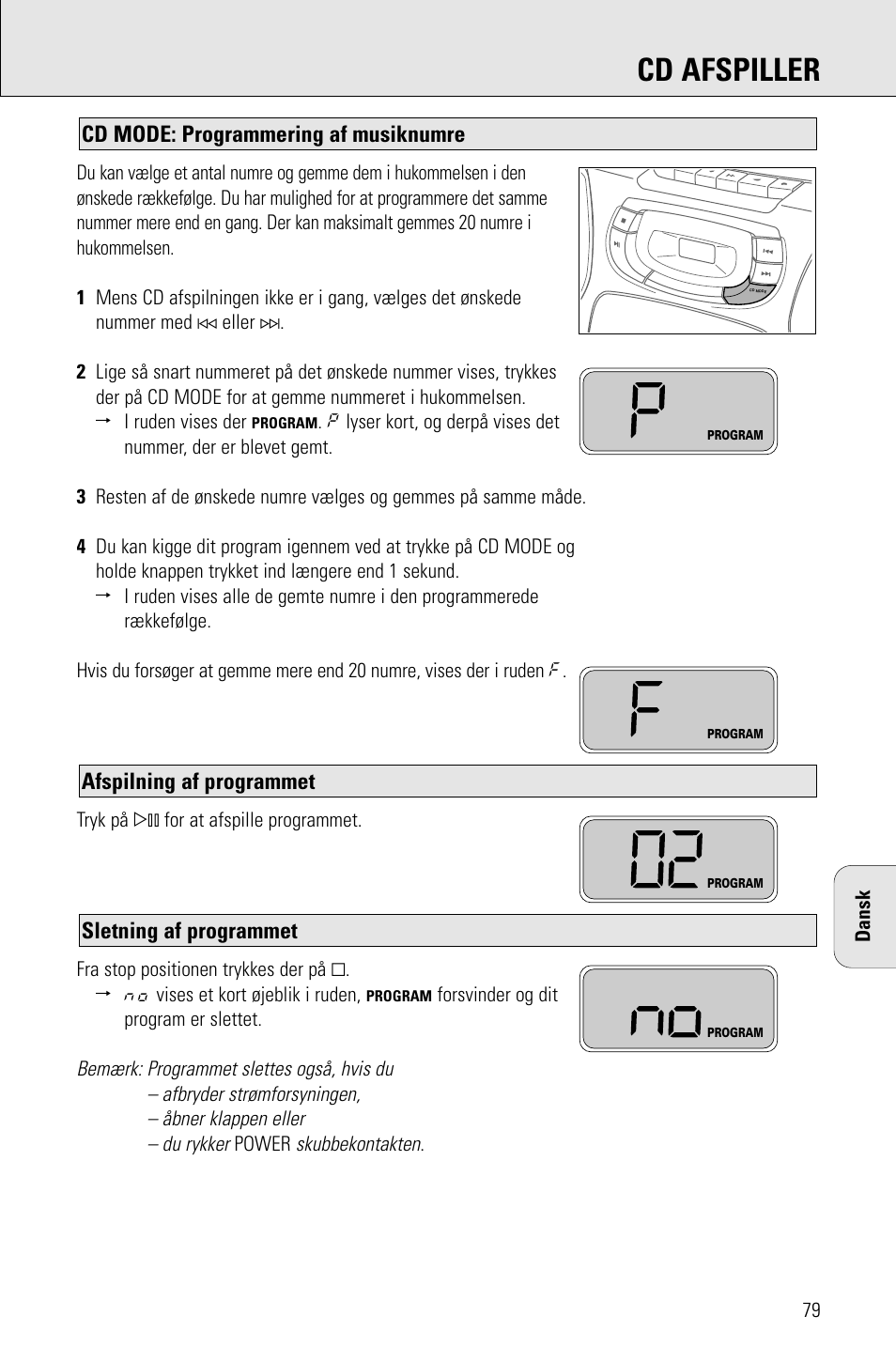 Cd afspiller, Sletning af programmet, Afspilning af programmet | Cd mode: programmering af musiknumre | Philips AZ 1009 User Manual | Page 79 / 116