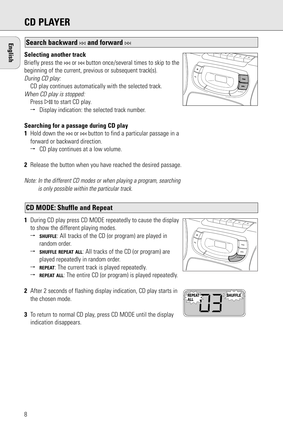 Cd player, Cd mode: shuffle and repeat, Search backward | And forward | Philips AZ 1009 User Manual | Page 8 / 116